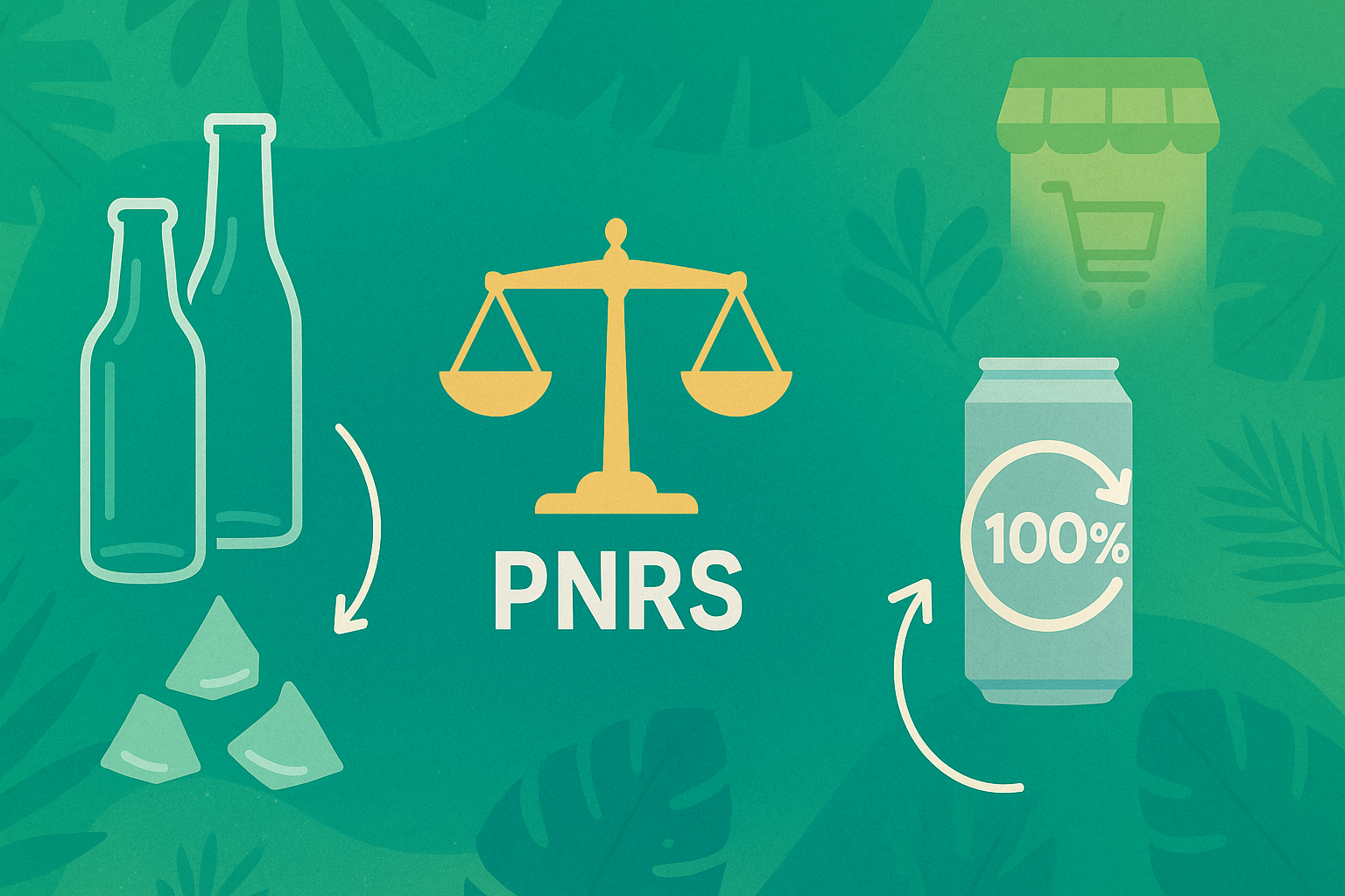 Ilustração flat comparando reciclagem de vidro e latas, com setas de economia circular e menção à PNRS e combate à falsificação.