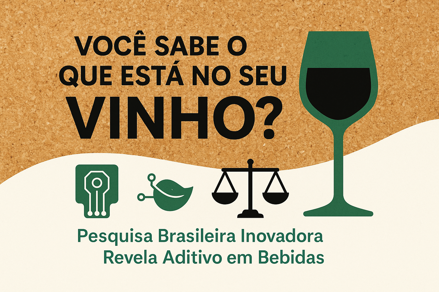 Fundo de cortiça com a frase “Você sabe o que está no seu vinho?”, taça verde de vinho e ícones de sensor, folha e balança; subheading sobre pesquisa brasileira que detecta nitrito em bebidas